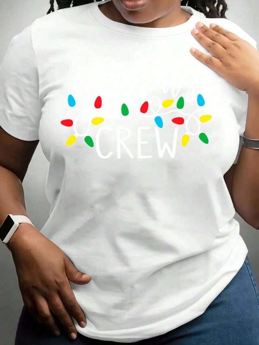 Women's Casual T-Shirt With Christmas Lights Print, Casual Clothing For New Year's Eve Parties - 白色 - 查看 1