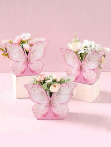 6pcs Watercolor Pink Butterfly Decorative Gift Boxes, Floral Paper Boxes, Suitable For Birthday, Holiday, Wedding, Party, Room, Tabletop Decoration, Baby Shower Party Gift Packaging, Floral Paper Boxes, Includes Double-Sided Adhesive - View 1