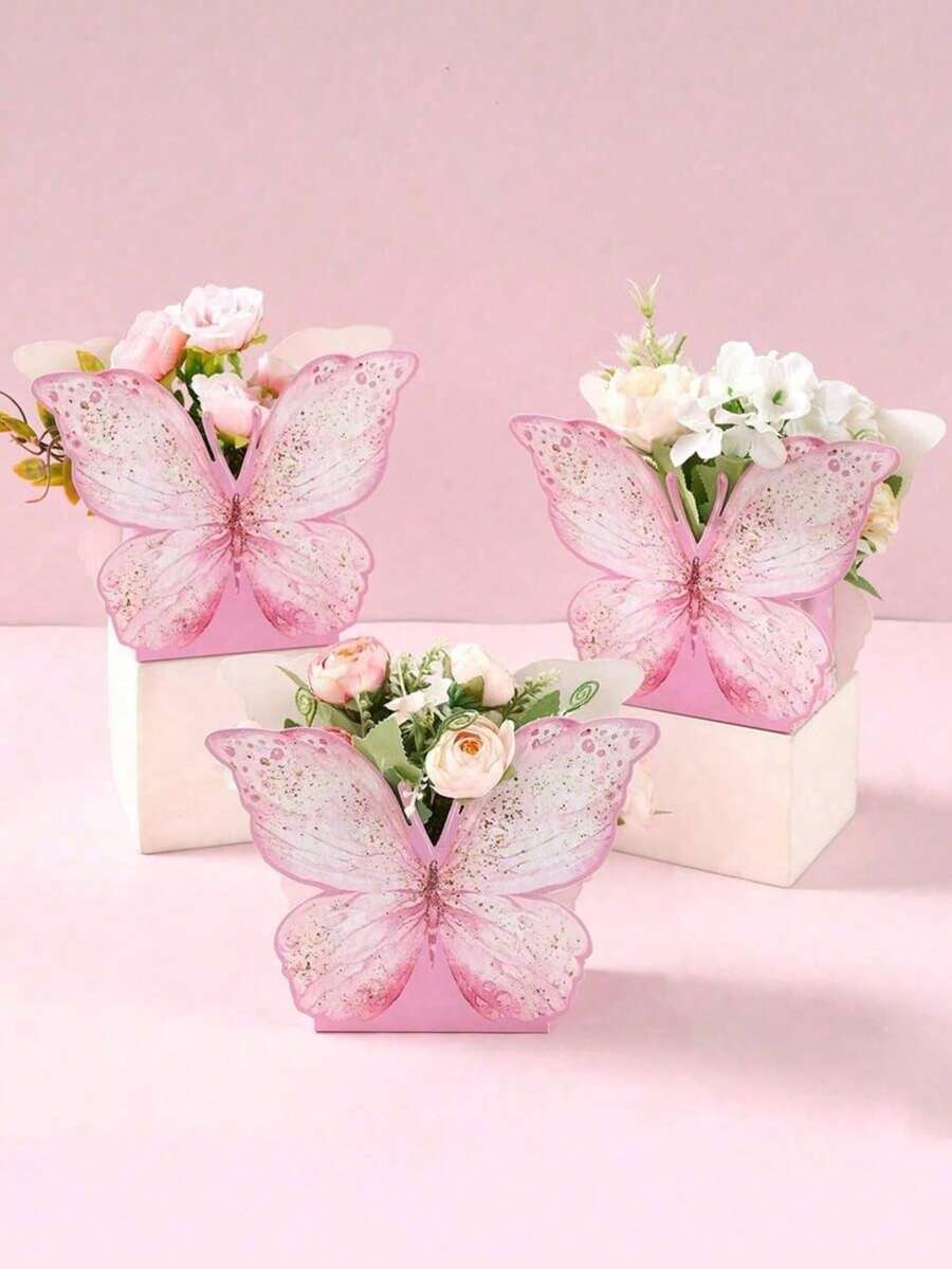 6pcs Watercolor Pink Butterfly Decorative Gift Boxes, Floral Paper Boxes, Suitable For Birthday, Holiday, Wedding, Party, Room, Tabletop Decoration, Baby Shower Party Gift Packaging, Floral Paper Boxes, Includes Double-Sided Adhesive - View 1