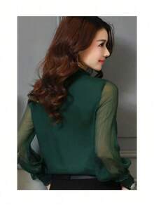 Blusa de manga larga transparente de unicolor para uso casual u oficina para mujeres - Verde - Ver 2