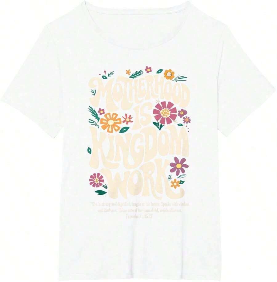 Vintage Floral Graphic Print Summer T-Shirts, "Motherhood Is Kingdom Work, Mama" T-Shirt For Mother's Day, Women's Summer T-Shirts, Women's Cotton T-Shirts, Everyday Summer Wear - 白色 - 查看 1