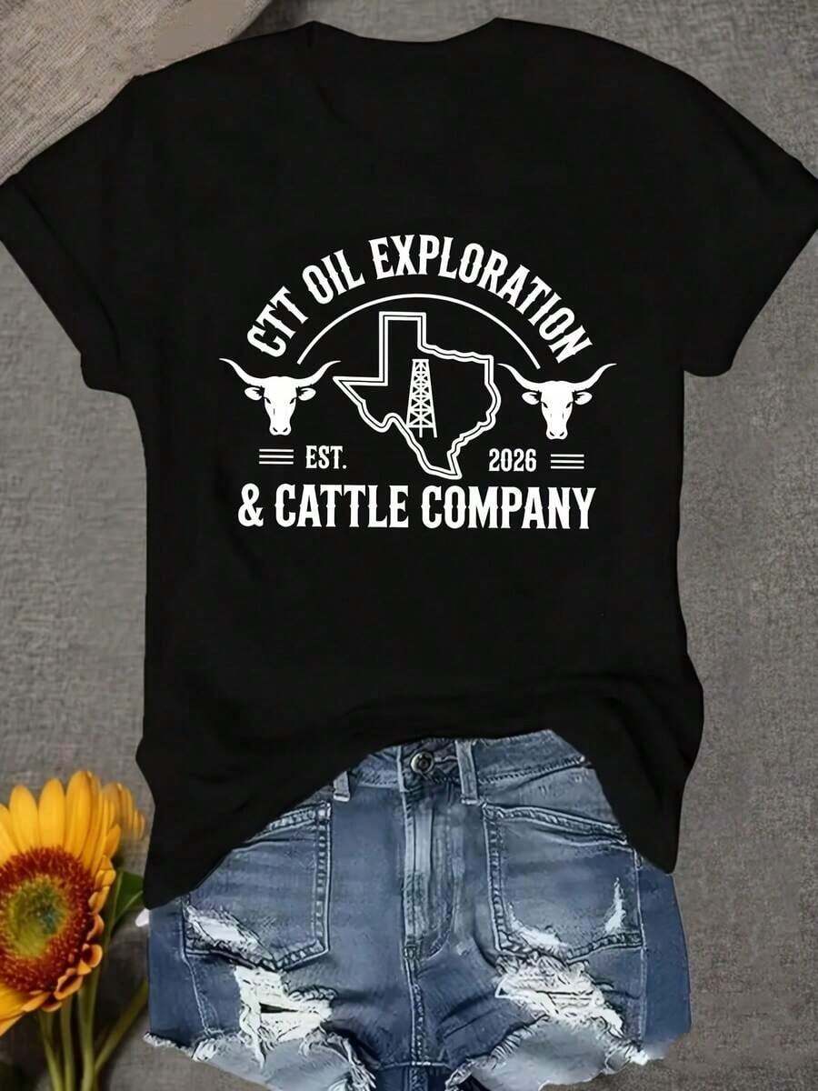 Men's T-Shirt Women's T-Shirt Ctt Oil Exploration & Cattle Company Est. 2026 Texas Map Cattle | Comfortable And Soft, Crew Neck, Regular Fit, All Seasons, Short Sleeve, Casual Style. - 黑色 - 查看 1