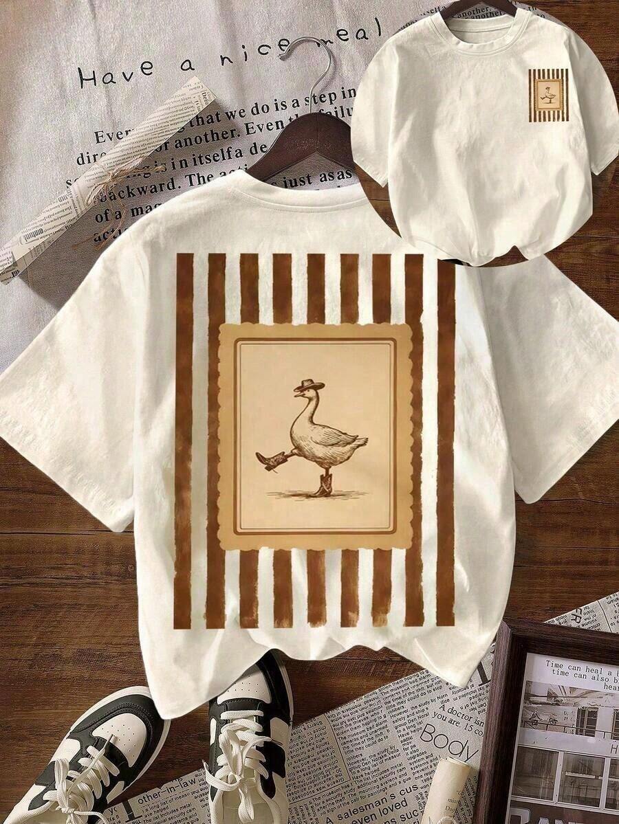 New Short-Sleeved T-Shirt With A Round Neck And A Fun Western Cowboy Goose Print, 180g Cotton, 1 Piece, For Women. Summer T-Shirt, Spring Clothing, Women's Summer Graphic T-Shirts - Suitable For Both Men And Women, Can Be Worn Alone In Summer, For Layering In Spring And Autumn. - 淺杏色 - 查看 1