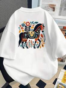 New 180g Short-Sleeved T-Shirt, 1% Cotton, With Front And Back Prints - Painted Horse, Scandinavian Style -  Printed T-Shirt For Women, Your Best Choice! - Suitable For Layering In Spring And Autumn, And For Wearing Alone In Summer, Unisex Style. - White - View 2