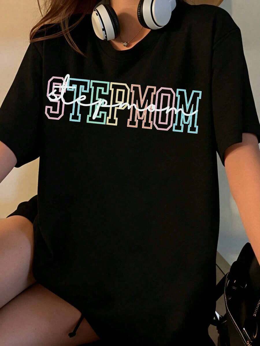 Women's Rainbow Letter Print Mother's T-Shirt, Casual Summer Top, Mother's Day Gift, Fashionable Mother's T-Shirt - 黑色 - 查看 1