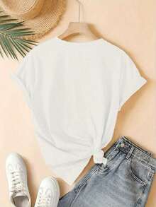 Women's Short-Sleeved T-Shirt With Round Neck, Letter Print, Versatile, Casual And For Everyday Wear, Women's T-Shirts, Graphic T-Shirts, Women's Tops, Summer T-Shirts, Casual T-Shirts, Elegant Blouses For Ladies. - 白色 - 查看 2