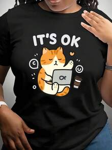 Women's Casual Top. Women's T-Shirt With A Funny Cat Meme "No Problem" For The Office - Short-Sleeved, Crew-Neck Casual Top Made Of 180g Milk Yarn, Medium Stretch, Machine Washable For Spring, Summer, And Fall. Cat T-Shirt, Spring Fashion, Cartoon Print T-Shirt, Stretchy Fabric. A Must-Have For Everyday Casual Wear. - 黑色 - 查看 9