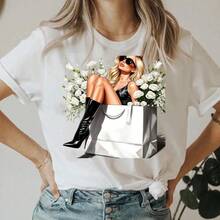 Women's Vintage Style Floral Print Short Sleeve Cotton T-Shirt With Round Neck - Unisex Vintage Street Style, Loose Fit Short Sleeve Cotton T-Shirt With Round Neck. - 白色 - 查看 1
