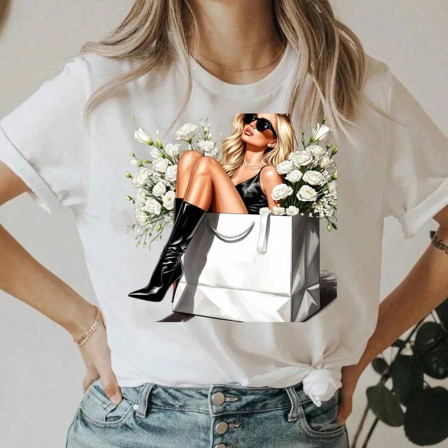 Women's Vintage Style Floral Print Short Sleeve Cotton T-Shirt With Round Neck - Unisex Vintage Street Style, Loose Fit Short Sleeve Cotton T-Shirt With Round Neck. - 白色 - 查看 1