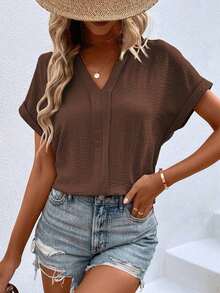 Blusa de mujer de unicolor y cuello en V minimalista de manga corta - Café integral - Ver 4
