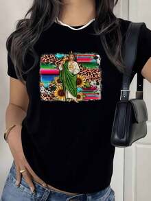 100% Cotton. Figure Of A Saint Holding A Symbol Of Faith On A Mexican Background With Sunflowers And Animal Print That Inspires Hope And Energy. Women's T-Shirt. 100% Cotton. Women's Simple Solid Color T-Shirt, Loose And Slim Fit Casual Short Sleeve - 黑色 - 查看 1