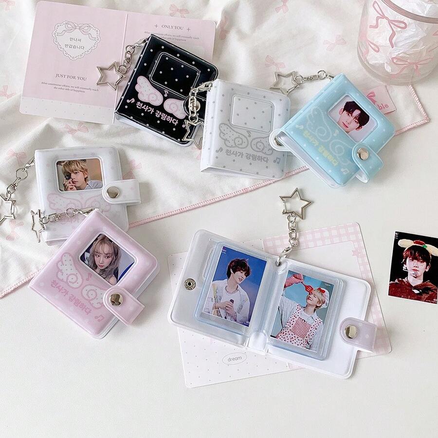 Album ảnh mini hình cánh thiên thần 2 inch có nút bấm, ví đựng thẻ học sinh/thẻ sinh viên hoạt hình dễ thương.