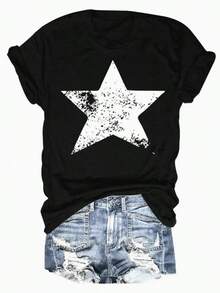 Camiseta Estampada Plana para Mujer - Estilo Casual de Manga Corta con Cuello Ajustado - Ligera y Transpirable - Negro - Ver 1