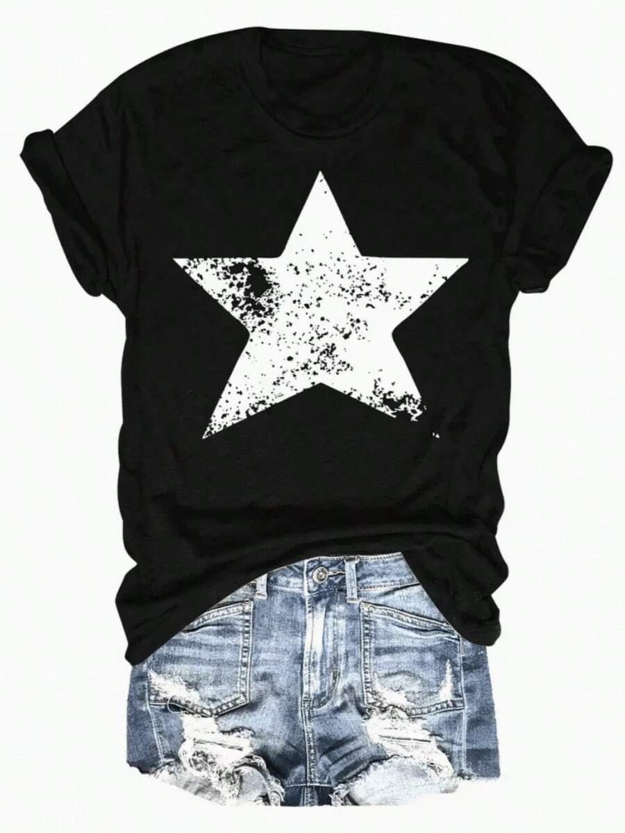 Camiseta Estampada Plana para Mujer - Estilo Casual de Manga Corta con Cuello Ajustado - Ligera y Transpirable - Negro - Ver 1