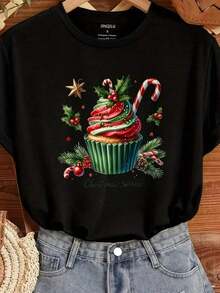 Women's T-Shirts With Christmas Cupcake Graffiti Print 2026, Casual Round Neck Short Sleeve T-Shirts, Korean Summer Fashion, Cotton Tops For Ladies, Cool Summer Clothes For Women - 黑色 3 - 查看 6