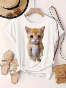 GiftCamias Women's Casual Short Sleeve Camisole - Cute Orange Kitten Print, Round Neck, Summer Top, Machine Washable, Ladies' Camisole, Casual Outfit, Fashionable Look, Comfortable Fit.
White. Suitable For Spring, Summer, And Autumn. Soft - 白色的 - 查看 3