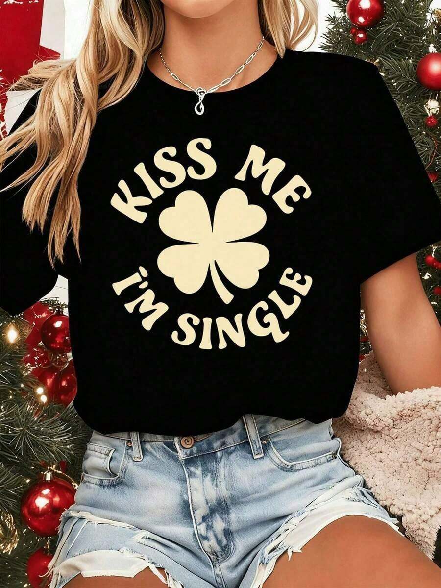 100% Cotton Single Clover T-Shirt In Soft Cotton, Crew Neck, Loose Fit, Comfortable, Unique Graphic Print. New! Women's Simple Solid Color T-Shirt, Loose And Slim Fit Casual Short Sleeve - 黑色 - 查看 1