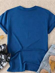 GiftCamia Women's Pure Cotton Cat And Puppy Ear Print Casual Short Sleeve Loose Fit Crew Neck Graphic Top, Available In Sizes, Cute Animal Design, Soft And Breathable Fabric, Fashionable For Everyday Wear, 100% Cotton. Soft - 藍色的 - 查看 4