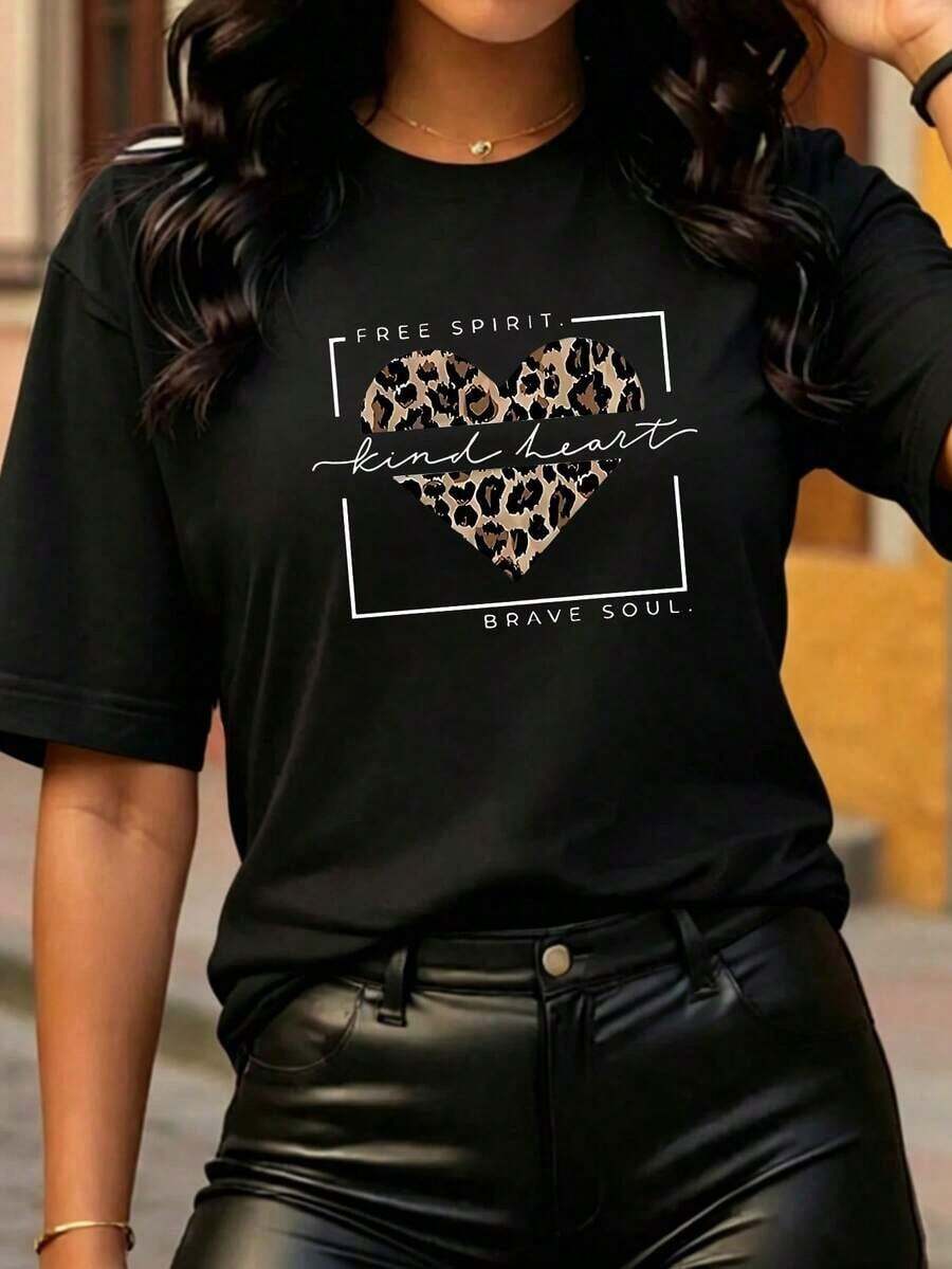 Women's Casual Short Sleeve T-Shirt, Round Neck, Drop Shoulders, With Leopard Heart Print, Regular Length - Hitam - View 1