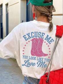 Vintage American Style Cowboy Boots In Purple And Red With A Red Star Print And A Short-Sleeved Crew Neck T-Shirt With A Graphic Print Of "EXCUSE ME / YOU LOOK LIKE YOU Love Me" In Light Blue And Pink, Suitable For Spring, Summer And Autumn, Summer Holiday Outfit - 彩色 - 查看 3
