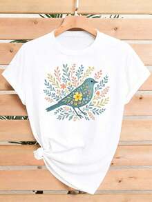Women's PremiumLoose Bohemian Style T-Shirt With Bird And Flower Print, Pure Cotton Summer T-Shirt With Round Neck, Casual Short Sleeve Top, Unique Design For Everyday Wear, Loose And Soft Fit, Ideal As A Holiday Gift. - 白色 - 查看 7