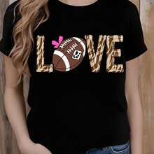 Women's "Football Love" Print T-Shirt, Casual Style For Match Day, Fan Celebration, Autumn Wear, Pretty Blouses For Women, Casual Loose-Fitting Women's T-Shirt, Loose And Slightly Long - 黑 - 查看 6