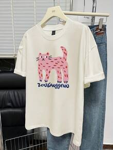 FashionNEW Women's Casual Short Sleeve T-Shirt With Cat Print, Minimalist Korean Summer Style, New Versatile Vintage Urban Style T-Shirt, Unisex, Loose Fit, Cotton, Round Neck And Short Sleeve. - 杏色 - 查看 6