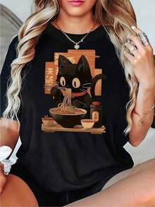 Camisetas para mujer cuello redondo estampado moderno S-3XL, estilo urbano y streetwear, pensada para jóvenes, uso informal, ropa de diario, fiestas juveniles y regalos bonitos - Negro - Ver 6