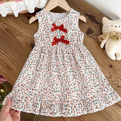 女の子カジュアルちょう結びデコレーションバブルドレス、フローラルデジタルプリントノースリーブサマードレス、春夏向け