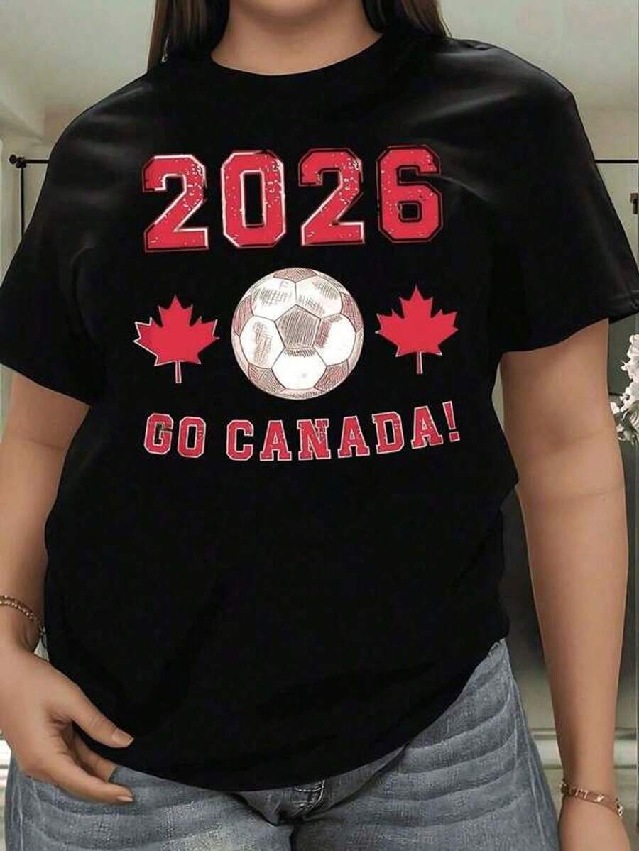 Women's Short-Sleeved T-Shirt, Casual Style With A Round Neck And A Print Featuring The Canadian National Soccer Team. A Stylish And Modern Garment, Ideal For Travel, Lounging At Home, Parties, And Everyday Casual Wear. - 黑色 - 查看 1