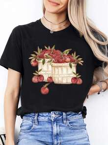 Plus Size - Plus Size - Women's Fashion Casual T-Shirt With Round Neck | Apple Basket Pattern, Country Style, Round Neck, Slightly Stretchy Fabric, Short Sleeves, Suitable For All Seasons, Plus Size. - Black - View 7