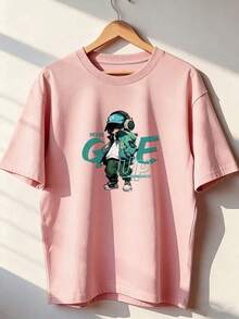 Anime-Style Character T-Shirt With "NEVER GIVE UP" Text.  Short-Sleeved T-Shirt For Spring And Summer 2026, Made In Mexico, 180 Grams. Cartoon Print, Couple Design, Suitable For Indoor Or Outdoor Wear. Crew Neck, Unisex, Ideal For The Office And Leisure. One-Pack. - PK-P631577SLNDXZGY597 - 查看 1