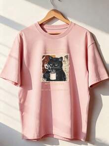 Black Cat T-Shirt With "Before Coffee / After Coffee" Text, Fashionable Short-Sleeve T-Shirt For Spring/Summer 2026, Made In Mexico, 180 Grams. Cartoon Print, Couple Design, Suitable For Indoor Or Outdoor Wear. Crew Neck, Unisex, Ideal For The Office And Leisure. One-Pack. - PK-P631577SLNDXZGY625 - 查看 1