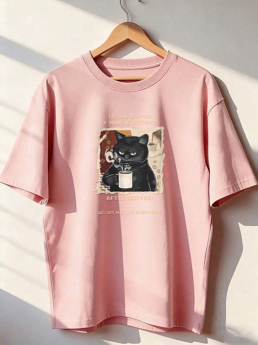 Black Cat T-Shirt With "Before Coffee / After Coffee" Text, Fashionable Short-Sleeve T-Shirt For Spring/Summer 2026, Made In Mexico, 180 Grams. Cartoon Print, Couple Design, Suitable For Indoor Or Outdoor Wear. Crew Neck, Unisex, Ideal For The Office And Leisure. One-Pack. - PK-P631577SLNDXZGY625 - 查看 1