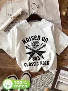 | Exquisite Design | Loose And Comfortable | Easy To Match | Women's Vintage Style Summer T-Shirt With Guitar Print, Pink And English Font, With Classic 80s Rock Embossed Design, Short Sleeve, Round Neck, 100% Cotton. - 白色 - 查看 7