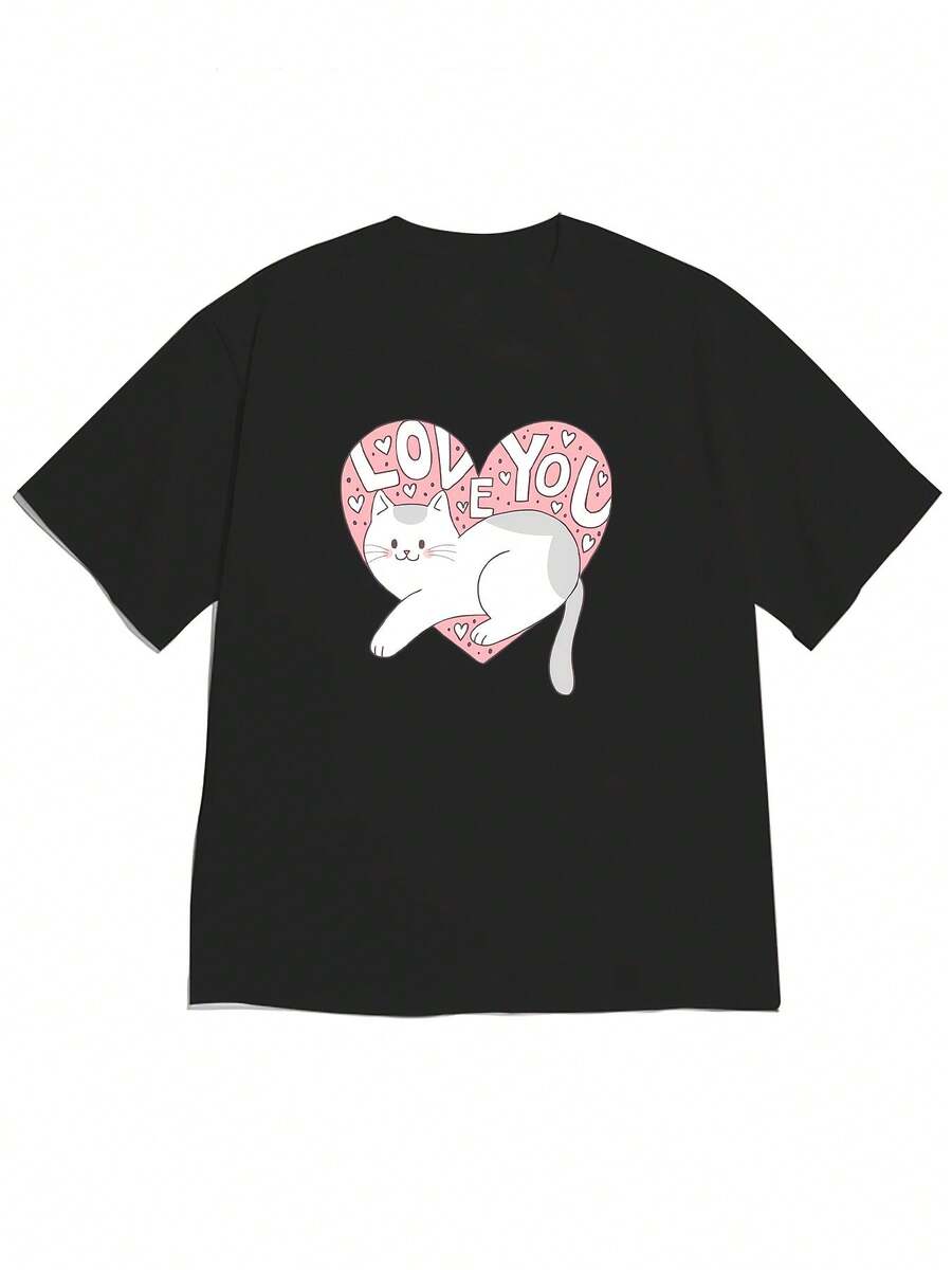 Women's Loose Off-Shoulder T-Shirt, New Spring/Summer 2026 Collection | Cute Cartoon Cat Print With The Phrase "LOVE YOU", Soft And Comfortable, Ideal For Casual Outings - High Quality For Summer. - 黑色 - 查看 1