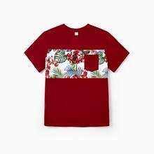 PatPat Family Matching Floral Print Outfits Tropical Print Spaghetti Strap Body-Con Dress For Mom & Daughter, Color-Blocked T-Shirts For Dad & Son Perfect For Summer Vacations & Family Photos - 紅色 - 查看 4