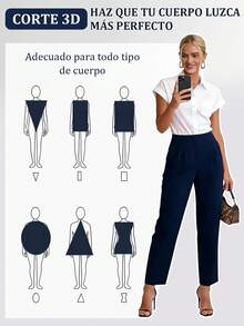 Pantalones de trabajo ajustados y acortados de color liso que ceñen la cintura - Azul Marino - Ver 11