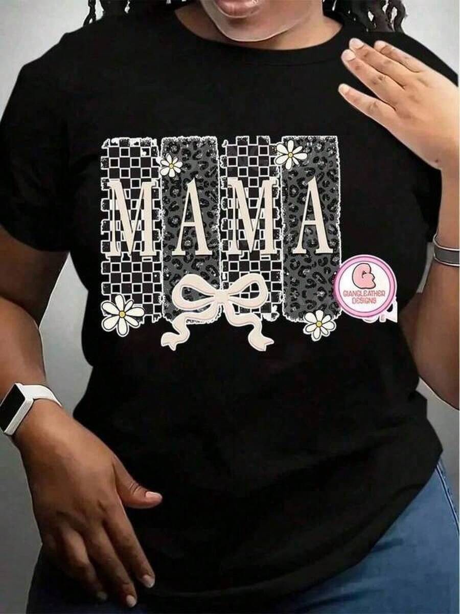 White Crew Neck T-Shirt With "Mama" Print And A Daisy Flower And Bow Design Featuring A Checkered And Leopard Print Pattern, For Maternity And Postpartum Use, 100% Cotton. Casual Printed T-Shirt For Women, Short Sleeves And Crew Neck, Local Spring/Summer Streetwear. - 黑色 - 查看 1