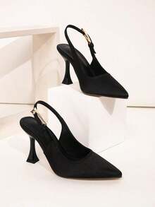 Wide Fit Black Glossy Buckle Decor Backstrap Stiletto Mid Heel Sandals, Fit For Casual, Evening Party, Fashion Dress Up For Plus Size Women - 黑色 2 - 查看 3
