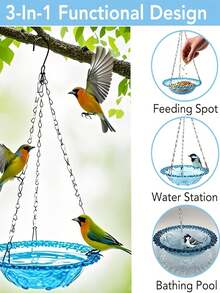 1pc Hanging Bird Feeder, Available In Four Colors, Three-In-One Function For Feeding, Watering, And Bathing, Features A Metal Chain With Adjustable Hook For Long-Lasting Durability, Anti-Spill Design, Suitable For Courtyards, Gardens - Conventional - View 3