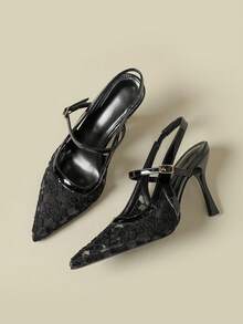 Giày sandal liền thân cho nữ, quai cài, phối ren tương phản, chất liệu trong suốt, kiểu dáng thanh lịch, cao gót. - màu đen - Xem 6