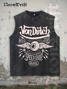 Unisex Summer Tops,NeonDrift Men's Tank Top 100% Cotton Heavyweight Vintage Distressed Washed Sleeveless T-Shirt, 100% Cotton, Soft & Skin-Friendly, Streetwear Style-Van Dutch Motor Cycles Speed Shop Sleeveless Tee Vintage Graphic Design For Men Classic Americana Style Streetwear Biker Culture Fashion Casual Wear Motorcycle Enthusiast GiftLoose And Comfortable Washed Vintage T-Shirt - 灰色 - 查看 6