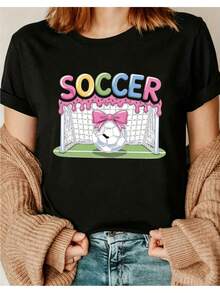 Women's T-Shirt With A Bow Design And Soccer Theme, Perfect For Fans To Wear While Watching Matches. A Cute Short-Sleeved T-Shirt Suitable For Casual Outings. Pixianai01 Short-Sleeved T-Shirt With A Round Neck, Suitable For All Seasons, Casual And Versatile. - 黑色 - 查看 1