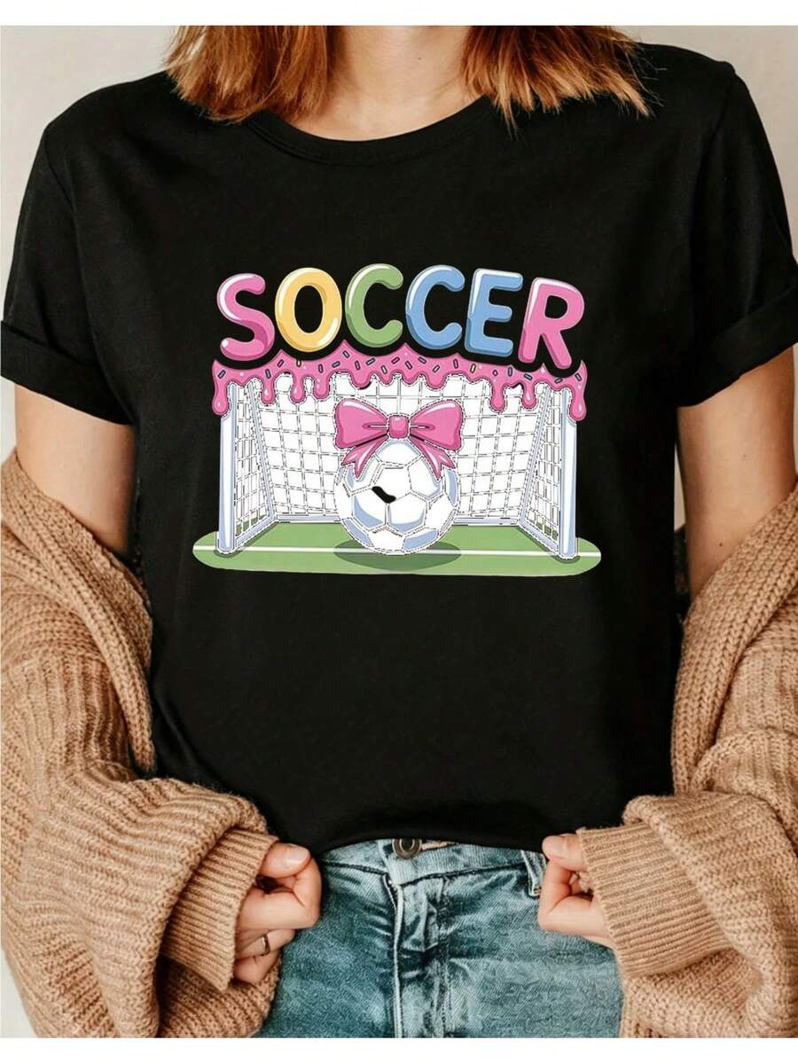 Women's T-Shirt With A Bow Design And Soccer Theme, Perfect For Fans To Wear While Watching Matches. A Cute Short-Sleeved T-Shirt Suitable For Casual Outings. Pixianai01 Short-Sleeved T-Shirt With A Round Neck, Suitable For All Seasons, Casual And Versatile. - 黑色 - 查看 1