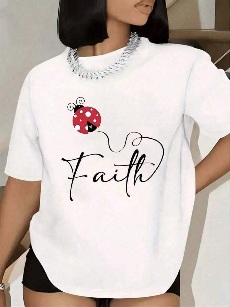 Women's Casual Short Sleeve T-Shirt - Stylish Ladybug & Faith Graphic Print, Black With Red/White Details, Soft And Stretchy Fabric, Crew Neck, Machine Washable, All-Season Comfort, Women's T-Shirts, Non-See-Through Material, Casual Activewear And Vacation Wear - 白色 - 查看 1