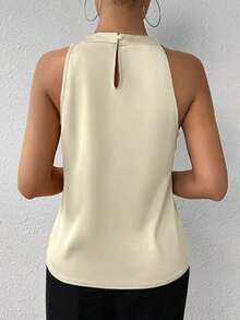 Blusa de crepé champán con cuello fruncido, sin mangas, elegante y sencilla para la oficina, para uso diario y de oficina - Beis - Ver 2