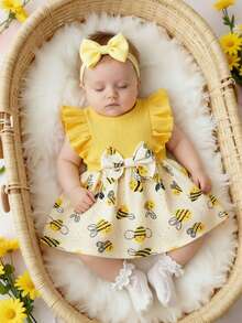 Summer Baby Girls' Cute Bee Print Ruffle Sleeve Round Neck Dress With Bow Decor - Yellow - View 4