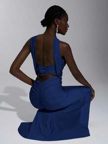 Vestido body-con con diseño elegante, romántico, sexy y minimalista, de punto elástico, tirantes finos, espalda abierta y cintura ajustada.Estilo de moda e influencer, apto para vacaciones, fiestas, bodas, damas de honor. - Azul marino 2 - Ver 4