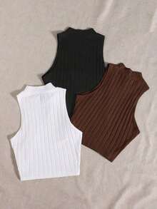 Top de tanque casual sólido de cuello redondo acanalado para el verano - Marrón Chocolate - Ver 2